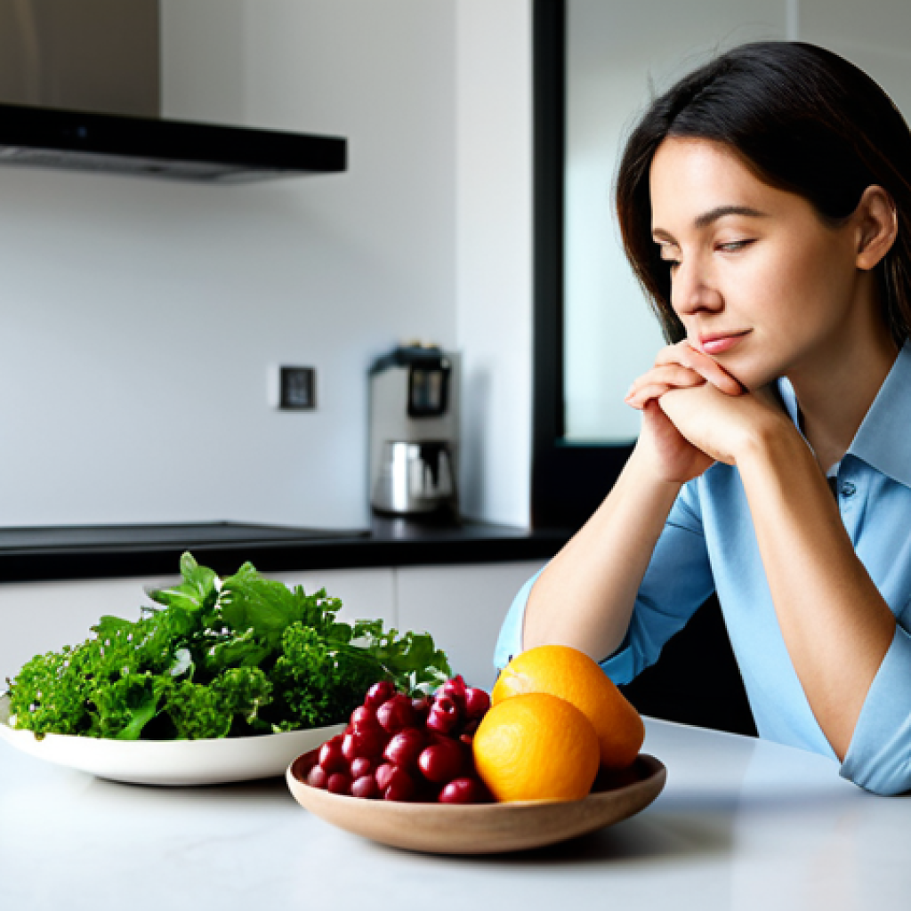 A thoughtful professional woman in a modest, smart casual outfit, sitting at a clean, modern kitchen island. She is gently holding a bowl filled with vibrant, fresh fruits and vegetables (berries, leafy greens). Soft, natural light illuminates the scene, emphasizing a sense of calm and clarity. The background shows a modern, minimalist kitchen. safe for work, appropriate content, fully clothed, professional, perfect anatomy, correct proportions, natural pose, well-formed hands, proper finger count, natural body proportions, high quality studio photography.