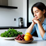 A thoughtful professional woman in a modest, smart casual outfit, sitting at a clean, modern kitchen island. She is gently holding a bowl filled with vibrant, fresh fruits and vegetables (berries, leafy greens). Soft, natural light illuminates the scene, emphasizing a sense of calm and clarity. The background shows a modern, minimalist kitchen. safe for work, appropriate content, fully clothed, professional, perfect anatomy, correct proportions, natural pose, well-formed hands, proper finger count, natural body proportions, high quality studio photography.