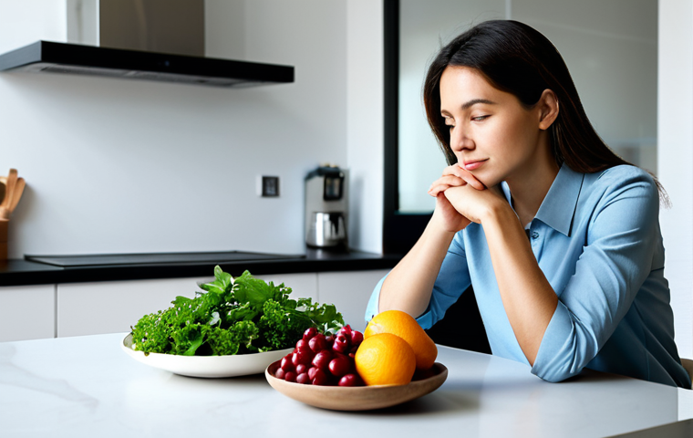 A thoughtful professional woman in a modest, smart casual outfit, sitting at a clean, modern kitchen island. She is gently holding a bowl filled with vibrant, fresh fruits and vegetables (berries, leafy greens). Soft, natural light illuminates the scene, emphasizing a sense of calm and clarity. The background shows a modern, minimalist kitchen. safe for work, appropriate content, fully clothed, professional, perfect anatomy, correct proportions, natural pose, well-formed hands, proper finger count, natural body proportions, high quality studio photography.