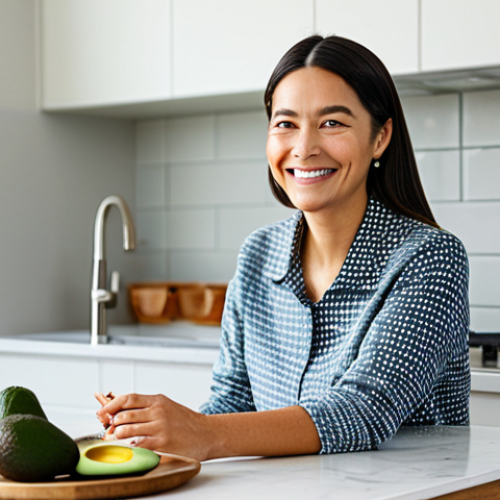 A professional woman, fully clothed in modest, comfortable attire, gently smiling while enjoying a gourmet avocado toast in a bright, modern kitchen. The scene captures a sense of healthy eating, calm well-being, and mental clarity. Soft natural light, professional photography style. safe for work, appropriate content, family-friendly, perfect anatomy, correct proportions, natural pose, well-formed hands, proper finger count, natural body proportions.