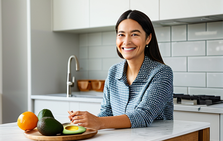 A professional woman, fully clothed in modest, comfortable attire, gently smiling while enjoying a gourmet avocado toast in a bright, modern kitchen. The scene captures a sense of healthy eating, calm well-being, and mental clarity. Soft natural light, professional photography style. safe for work, appropriate content, family-friendly, perfect anatomy, correct proportions, natural pose, well-formed hands, proper finger count, natural body proportions.