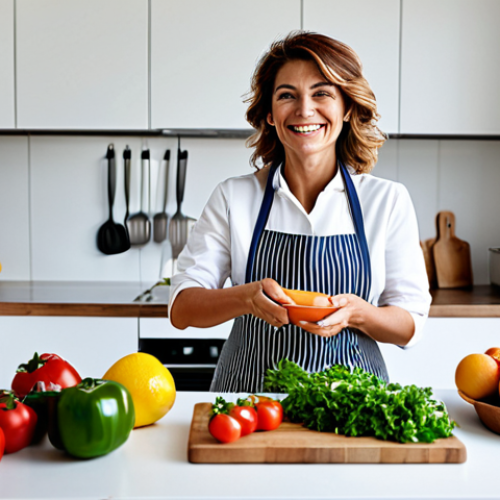 **

"A smiling woman preparing a healthy meal in a bright, modern Italian kitchen, fully clothed, wearing an apron, surrounded by fresh vegetables and fruits, representing healthy eating for mood improvement. Professional photography, natural lighting, perfect anatomy, correct proportions, family-friendly, safe for work, appropriate content, modest attire, well-formed hands, proper finger count."

**