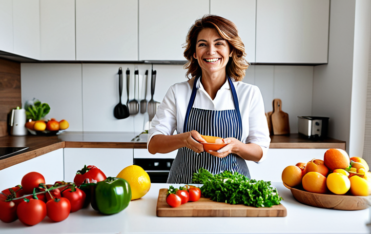**

"A smiling woman preparing a healthy meal in a bright, modern Italian kitchen, fully clothed, wearing an apron, surrounded by fresh vegetables and fruits, representing healthy eating for mood improvement. Professional photography, natural lighting, perfect anatomy, correct proportions, family-friendly, safe for work, appropriate content, modest attire, well-formed hands, proper finger count."

**