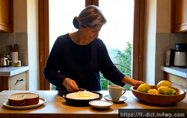 Home 12 우울증 예방을 위한 규칙적인 식사 습관 - Photorealistic Italian home kitchen at sunrise, a middle-aged woman calmly preparing a balanced regu...