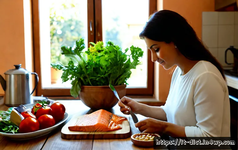 우울증 치료를 위한 식습관 변화 - Photorealistic Italian home kitchen scene illustrating supportive eating habits for depression treat...